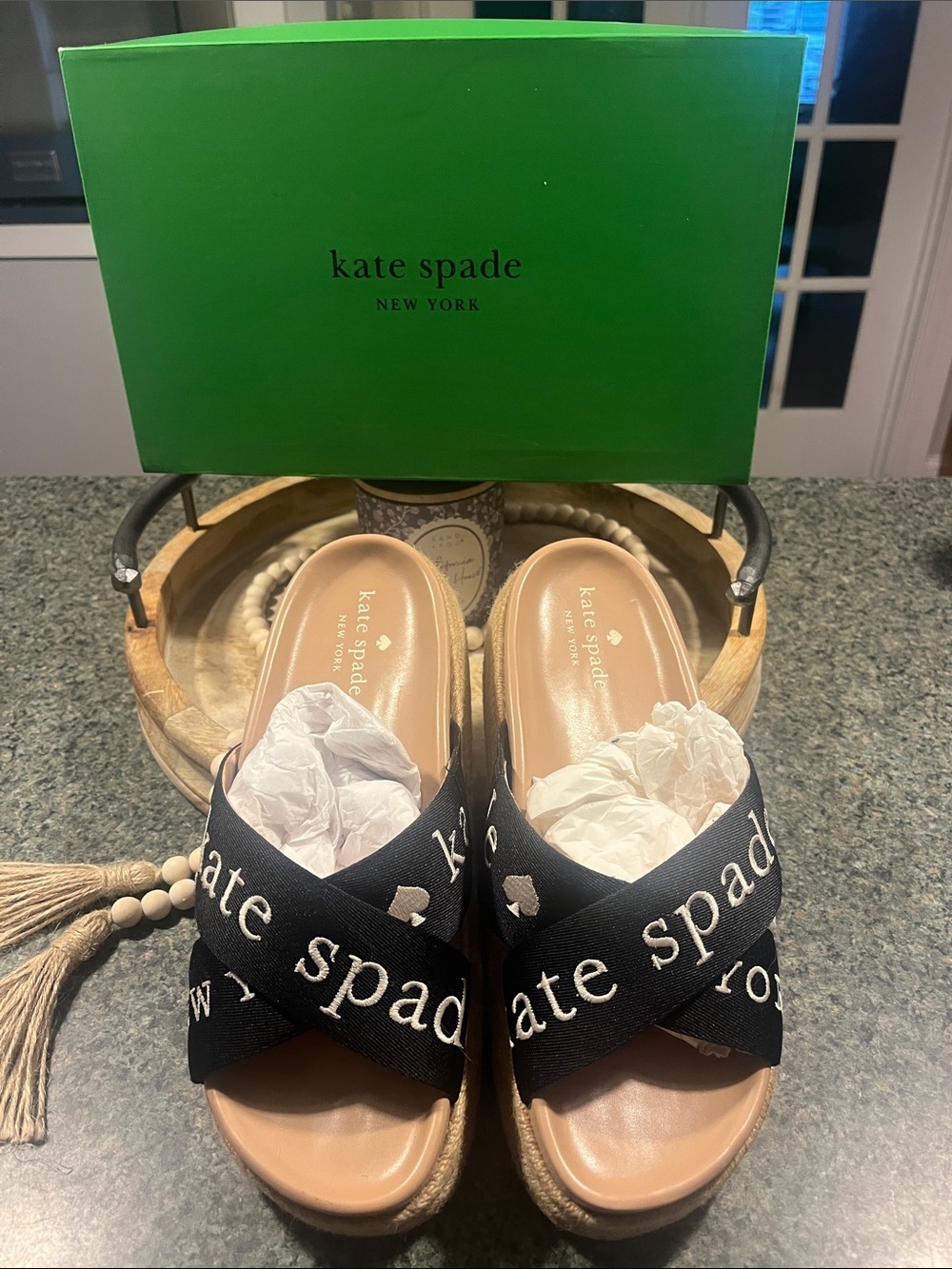 kate spade Black and Tan Logo piper Espadrille platform Slide Sandals